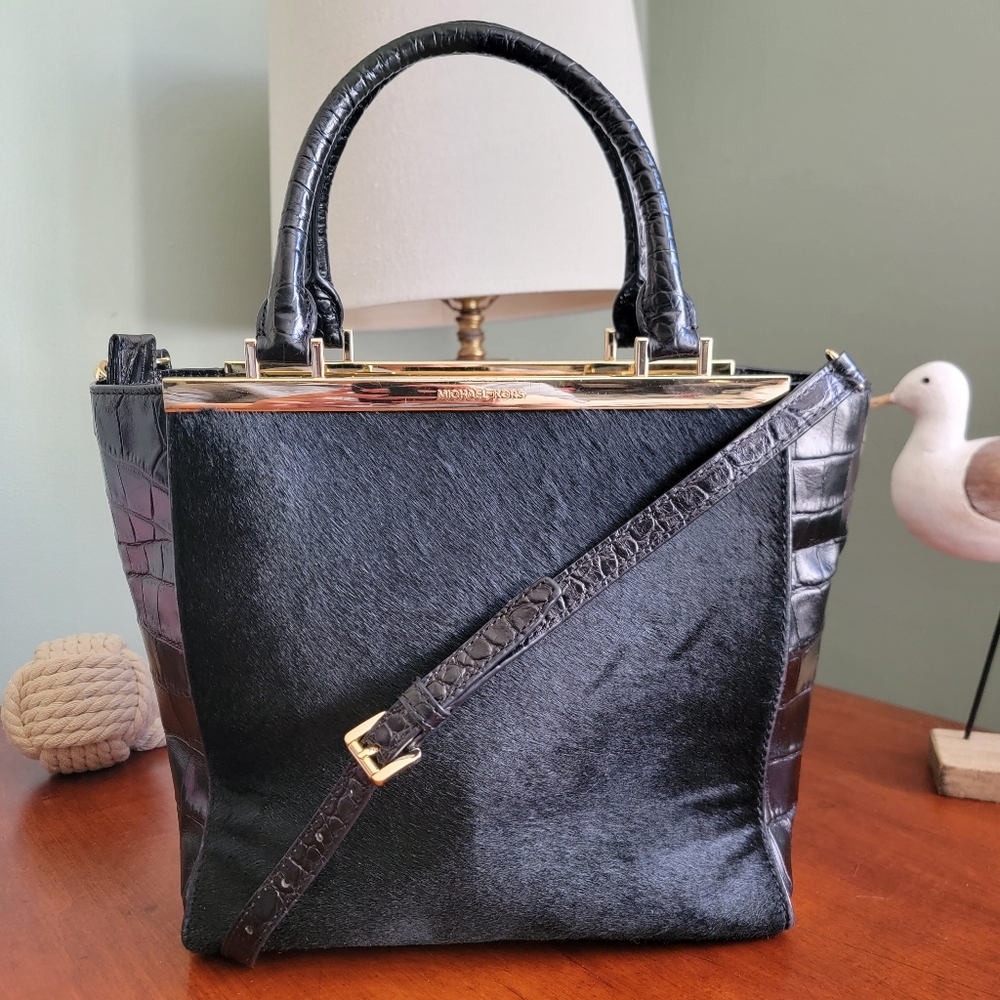 Michael Kors Black Calf Hair Croc Embossed Leather Tote Bag Purse